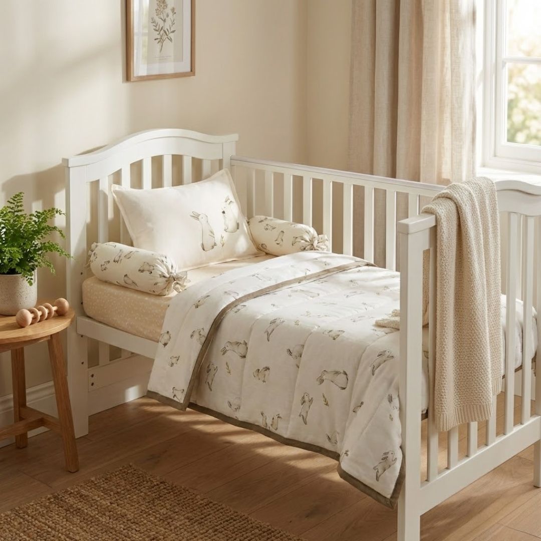 Enchanted Bunny Muslin Cot Bedding Set with blanket